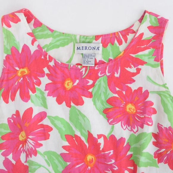Vintage 90s Merona Pink And Green Floral Daisy  Midi Dress Size L - Picture 12 of 14
